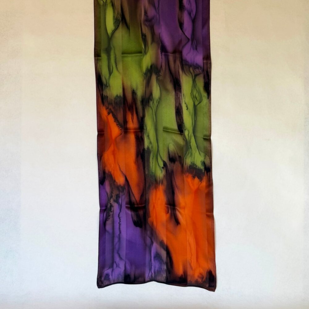 Hand Painted Silk Scarf Purple Green Orange Rectangle Unique Head Neck Wrap New - Picture 5 of 5